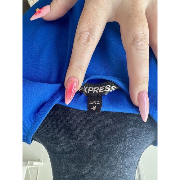 Express Bright Blue Satin Zipper V-Neck Short Sleeve Blouse Size Medium - Picture 5 of 6